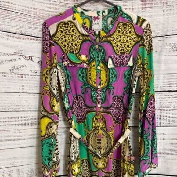 Yoana Baraschi Dress Womens Size 4 Silk Paisley satin Belted Button up Mini - Picture 6 of 14